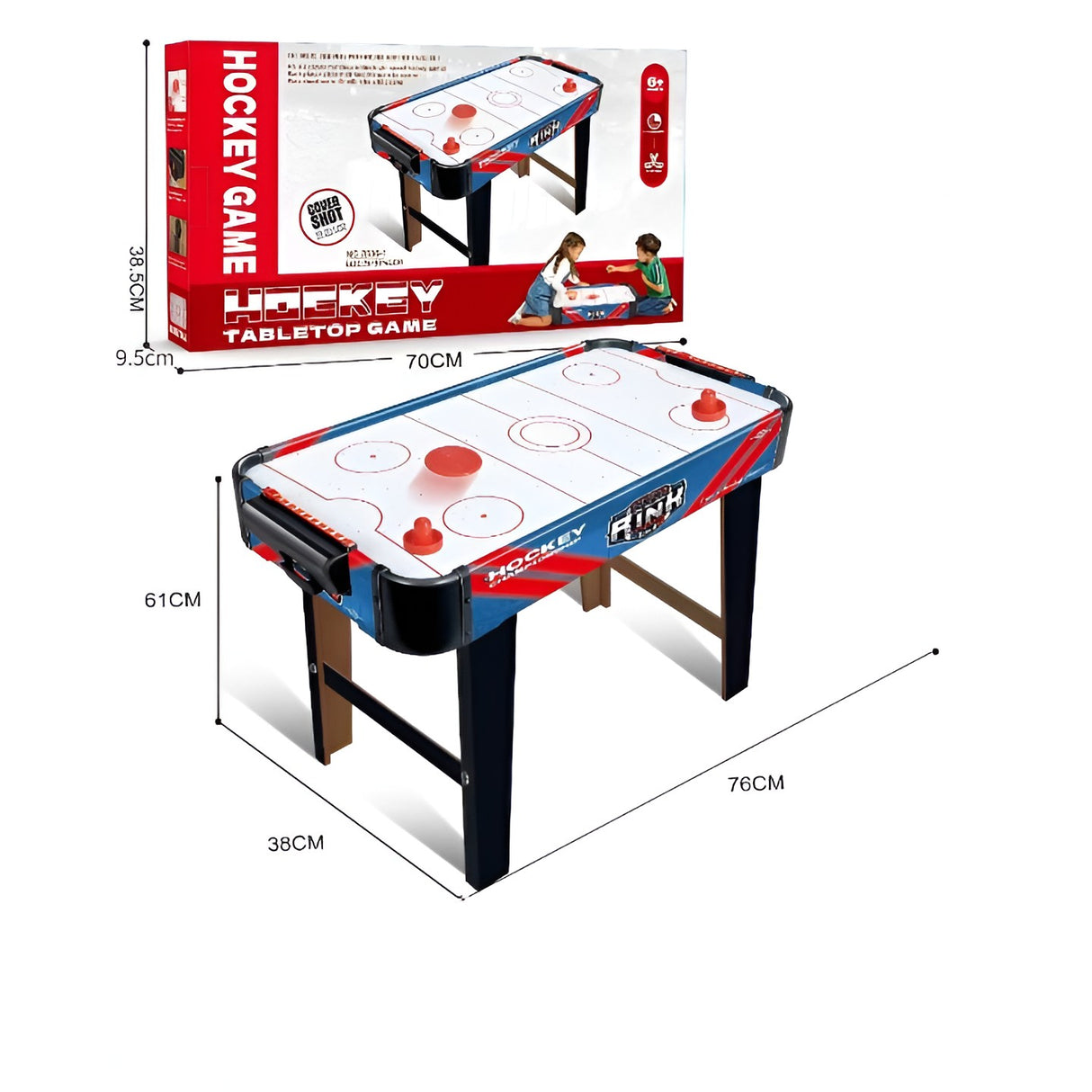 Masa Air Hockey Graffiti cu Picioare Lungi, Vivimall, PVC, 2 Pucuri, Tabela Scor, 2 Impingatoare, 76x38x61 cm, Albastru - vivimall.ro