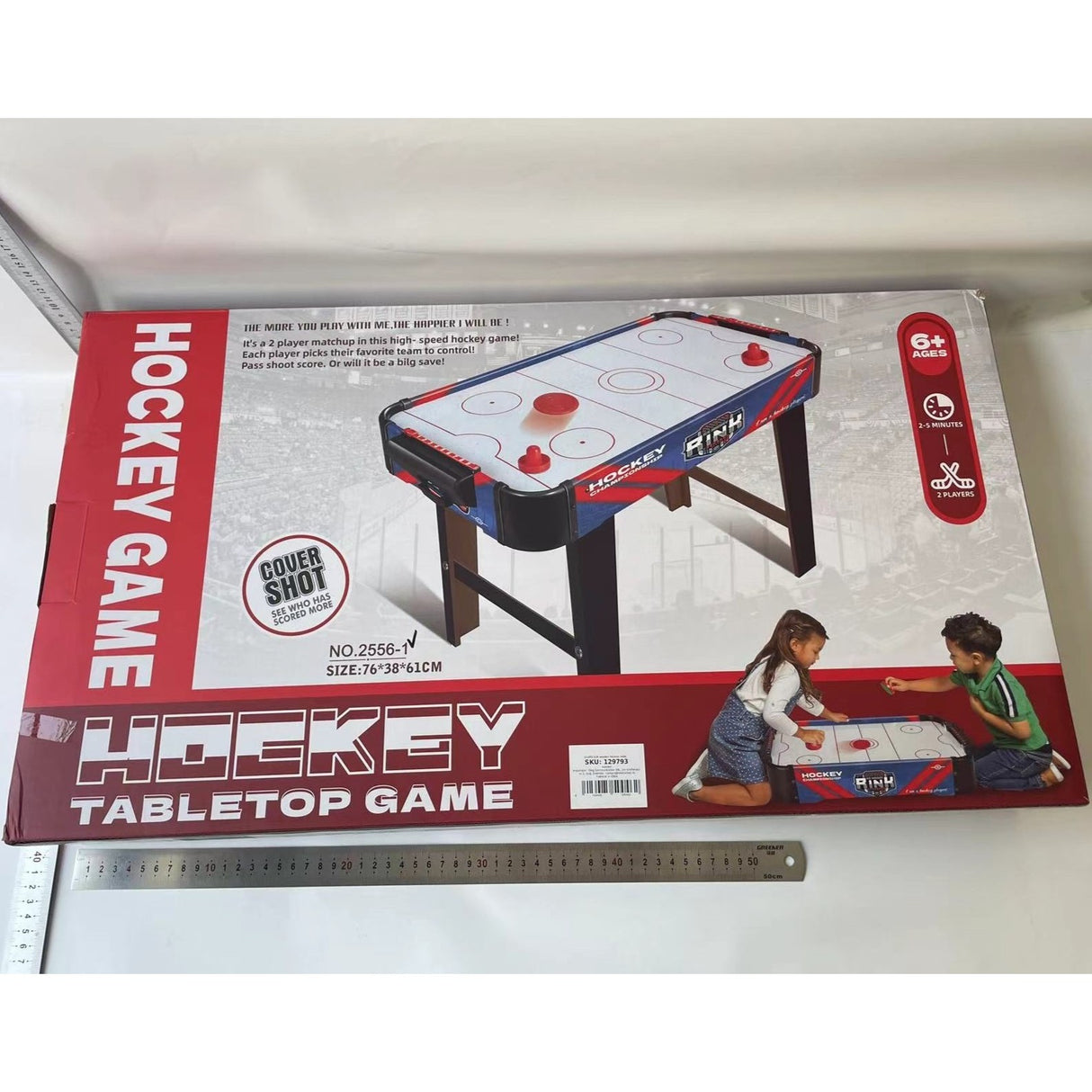 Masa Air Hockey Graffiti cu Picioare Lungi, Vivimall, PVC, 2 Pucuri, Tabela Scor, 2 Impingatoare, 76x38x61 cm, Albastru - vivimall.ro