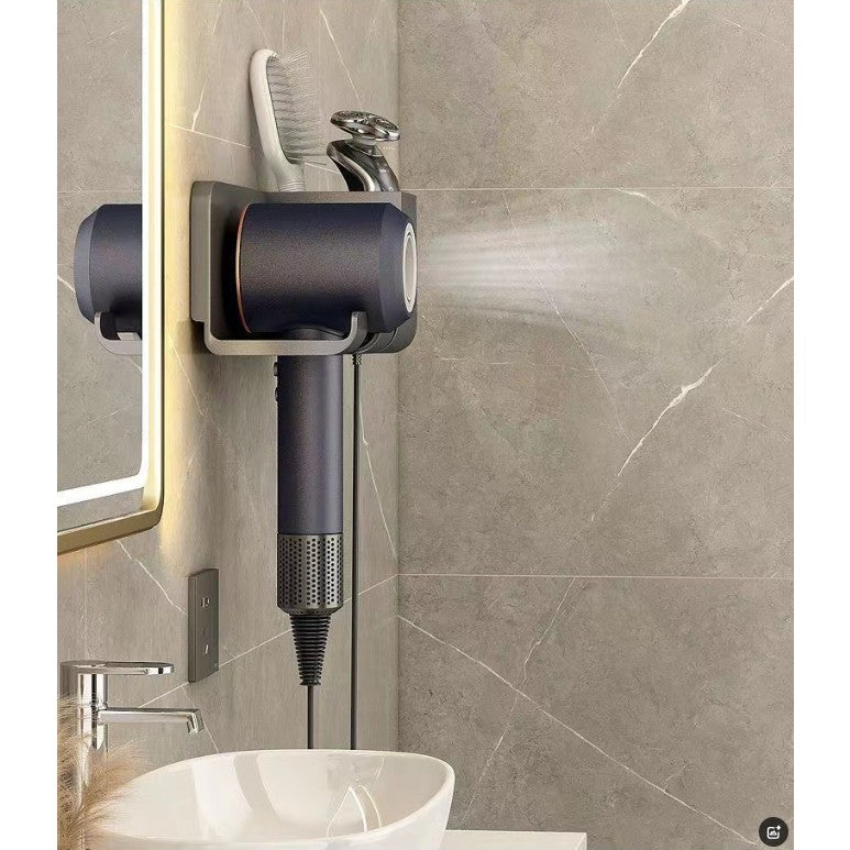 Suport de Baie, Vivimall, pentru Uscator de Par, cu Organizator Dublu, din Plastic, Aplicare cu Suport Adeziv, 23 x 8.8 x 9.5 cm, Gri - vivimall.ro