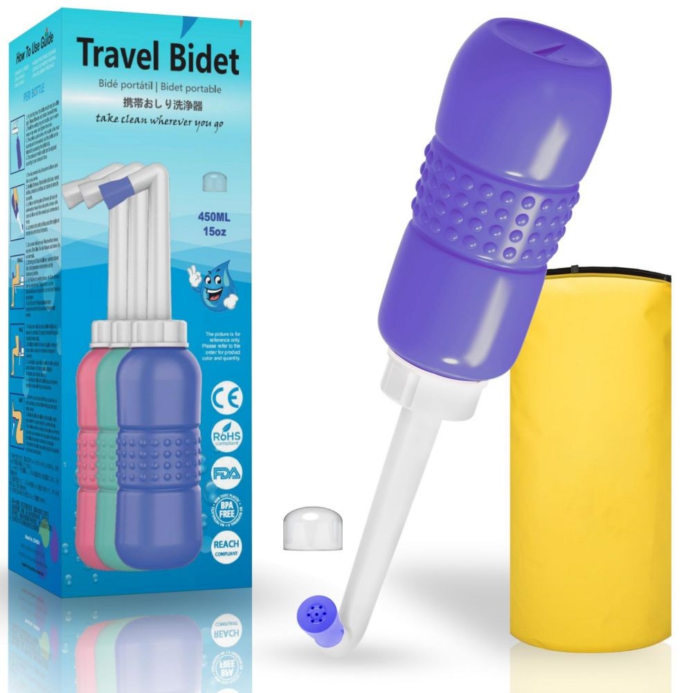 Bideu Portabil pentru Igiena Intima, Flippy, pentru Postpartum/ Postoperator, 450 mL, cu Capac si Husa Galbena, 29.5x7 cm, Culoare Recipient Mov