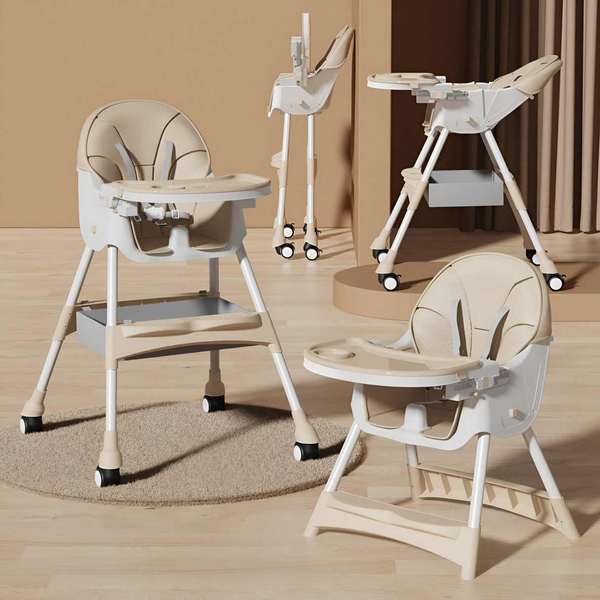 Scaun De Masa Pentru Bebelusi Si Copii, Cu Roti, Telescopic, Pliabil, Masuta Reglabila, Suport Picioare, Scaun Cu Invelis Piele Artificiala, Centura Siguranta, Spatiu Depozitare