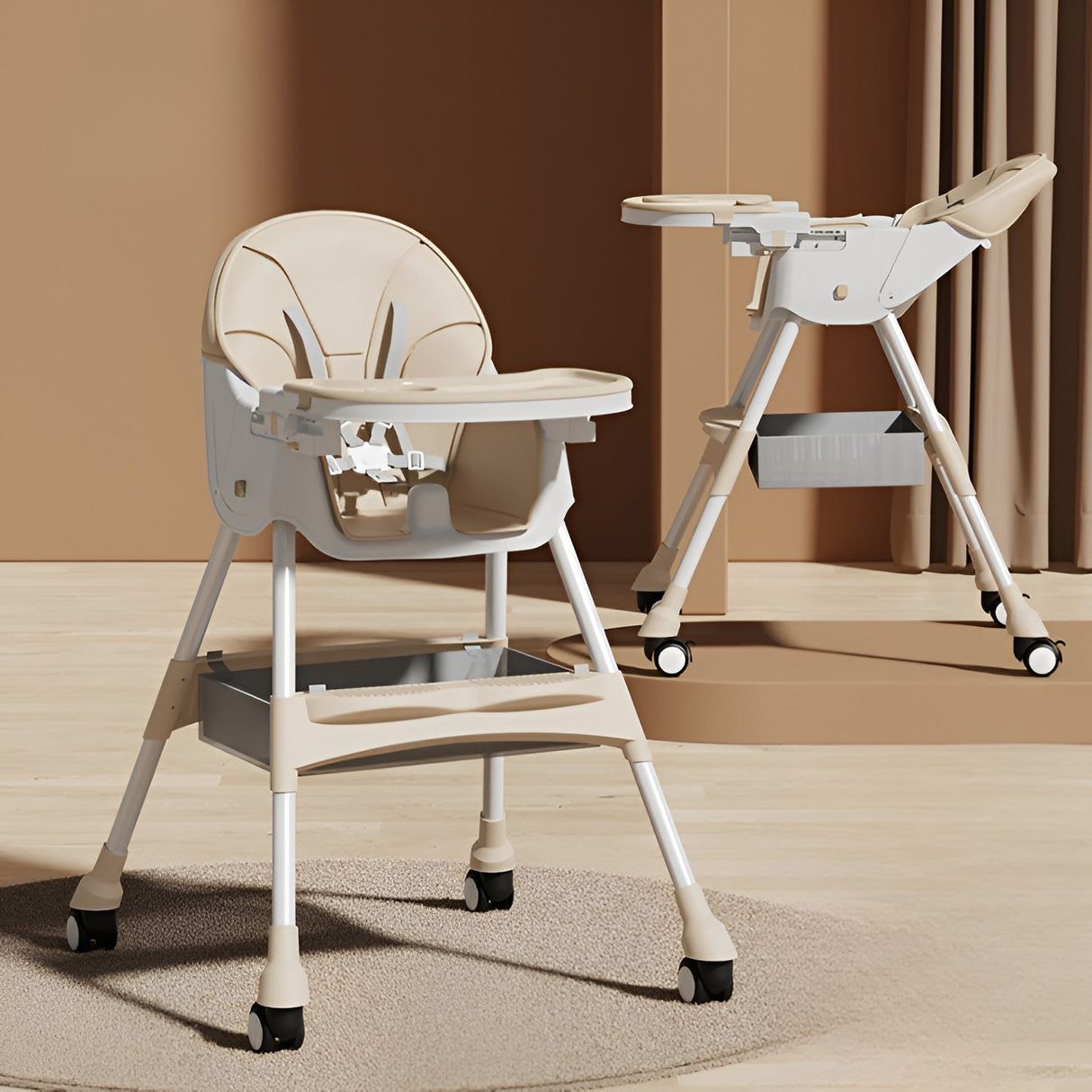 Scaun De Masa Pentru Bebelusi Si Copii, Cu Roti, Telescopic, Pliabil, Masuta Reglabila, Suport Picioare, Scaun Cu Invelis Piele Artificiala, Centura Siguranta, Spatiu Depozitare