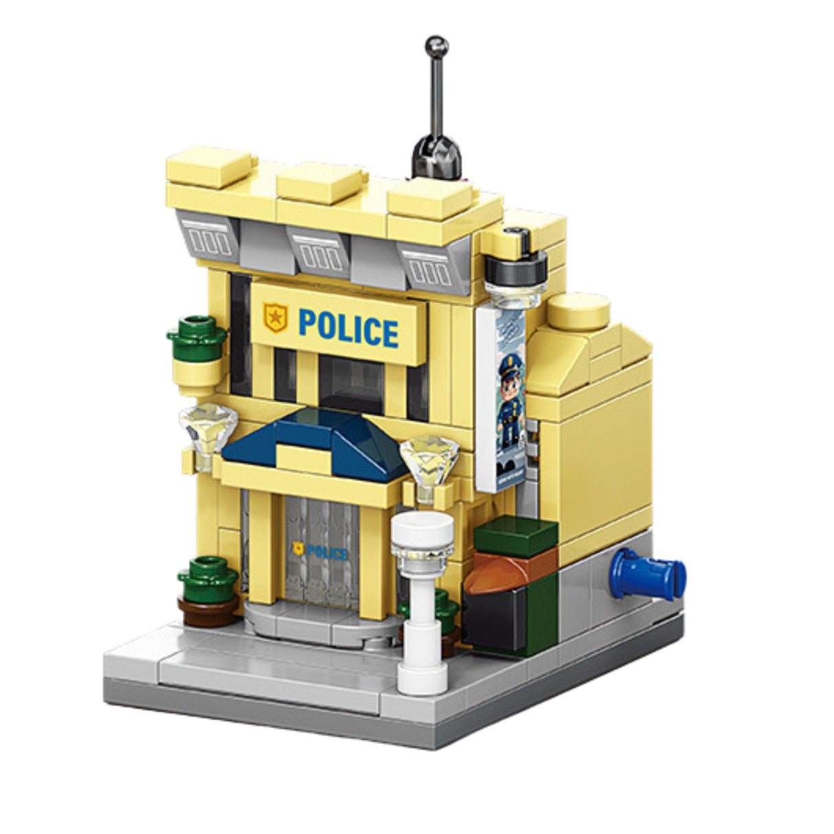 Set de construcție Flippy STEM 141 piese, model 3D Stradă Comercială Europeană, culori galben și gri, vedere frontală cutie