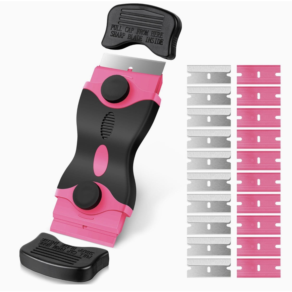 Racleta Multifunctionala pentru Curatare Sticla si Ceramica,- Design Ergonomic, Maner Anti-alunecare, Include 20 de Lame de Schimb, 12,5 x 4,5 cm, Roz - vivimall.ro