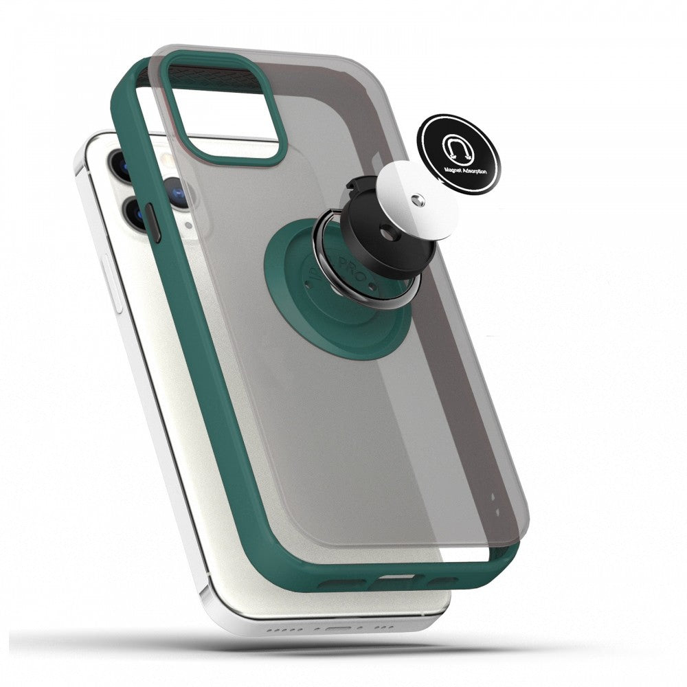Husa Anti Fall Metal Bracket pentru Apple iPhone 14, Rezistenta la socuri, Margini colorate, Cu inel de prindere magnetic, Flippy, Verde - vivimall.ro