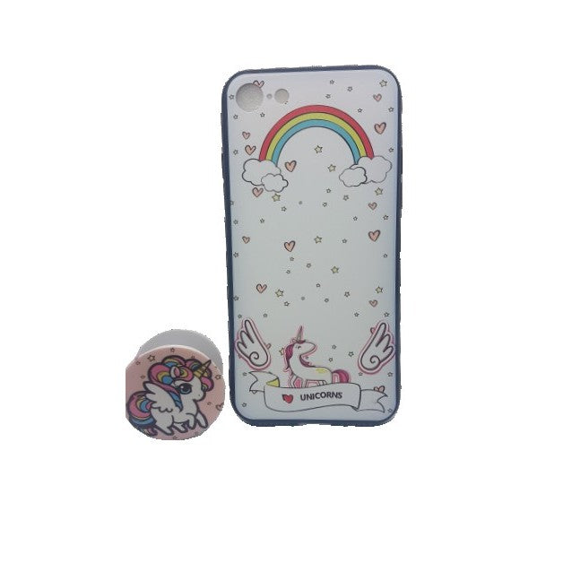 Husă iPhone X/XS Unicorn multicolor cu Popsocket inclus, vedere frontală pe fond alb