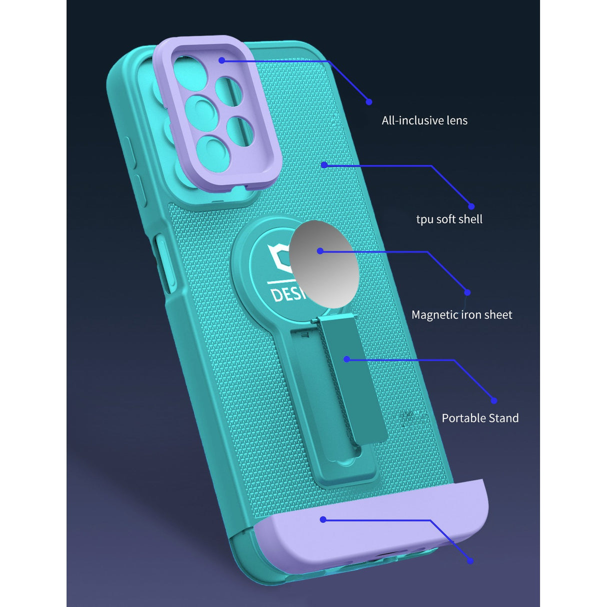 Husa Armor Design cu Stand pentru Samsung Galaxy A13 4G, Blue/Mov, Suport Auto Magnetic, Wireless Charge, Protectie Antisoc, Flippy - vivimall.ro