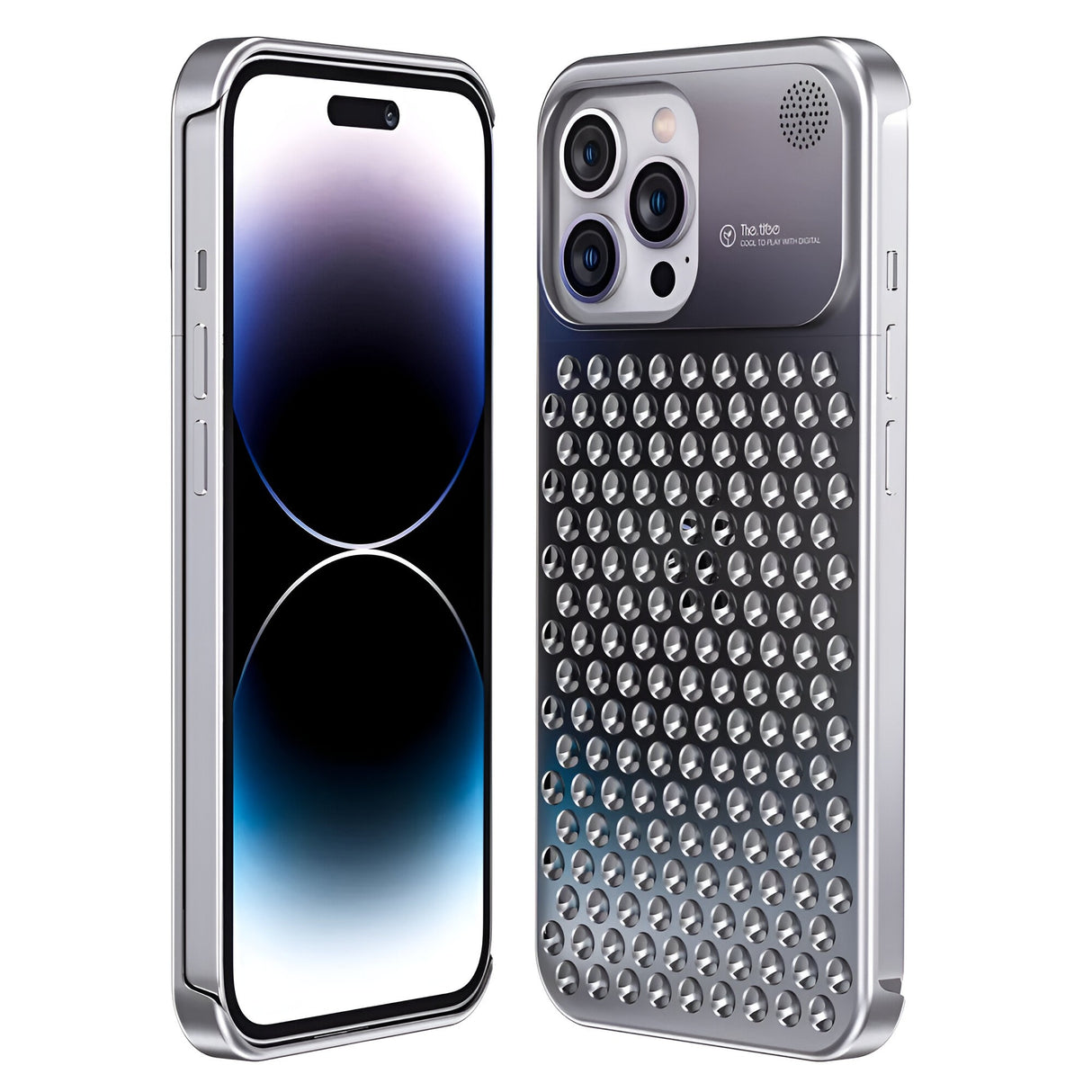 Husă aluminiu iPhone 15 Pro Max argintiu montată pe telefon, profil lateral stânga
