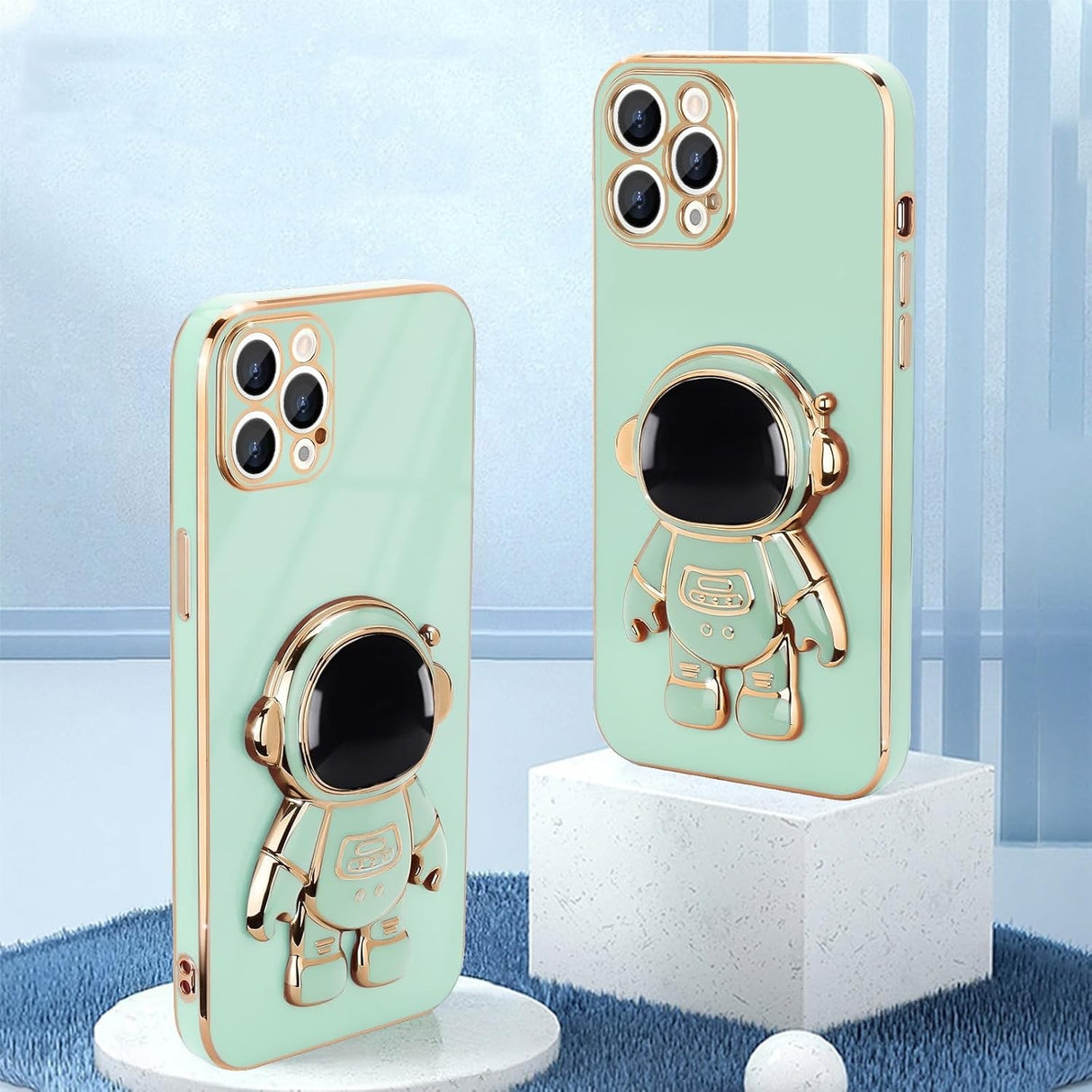 Husă TPU 2in1 verde astronaut montată pe iPhone 15 Pro, perspectivă lifestyle, suport închis