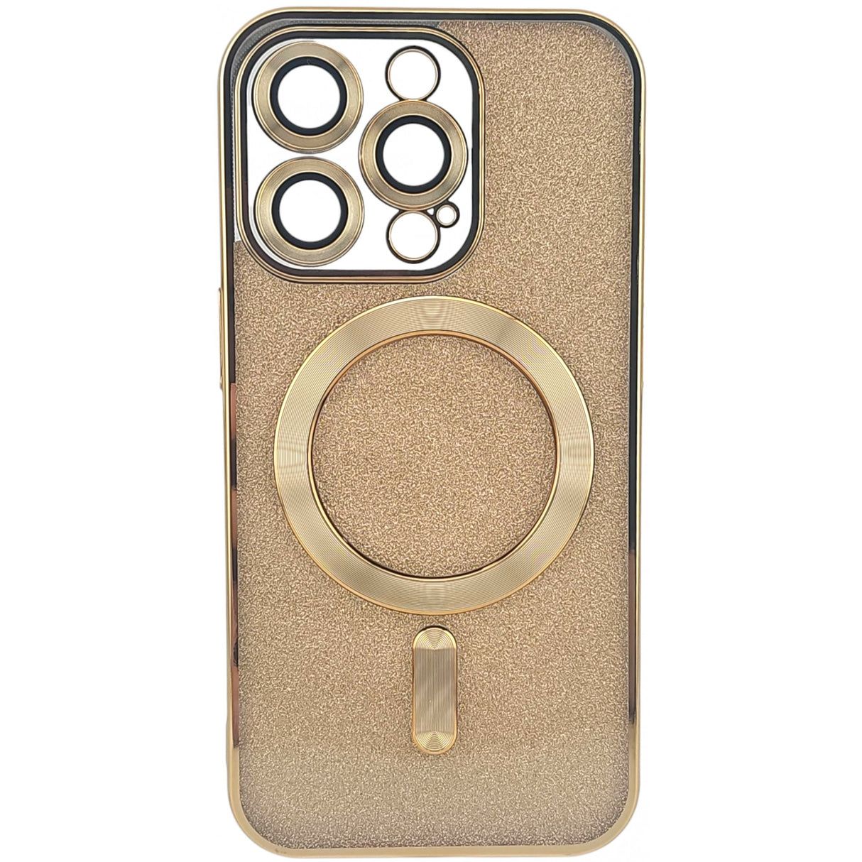 Detaliu sistem magnetic MagSafe și ramă protecție lentilă husă iPhone 15 Pro auriu glitter