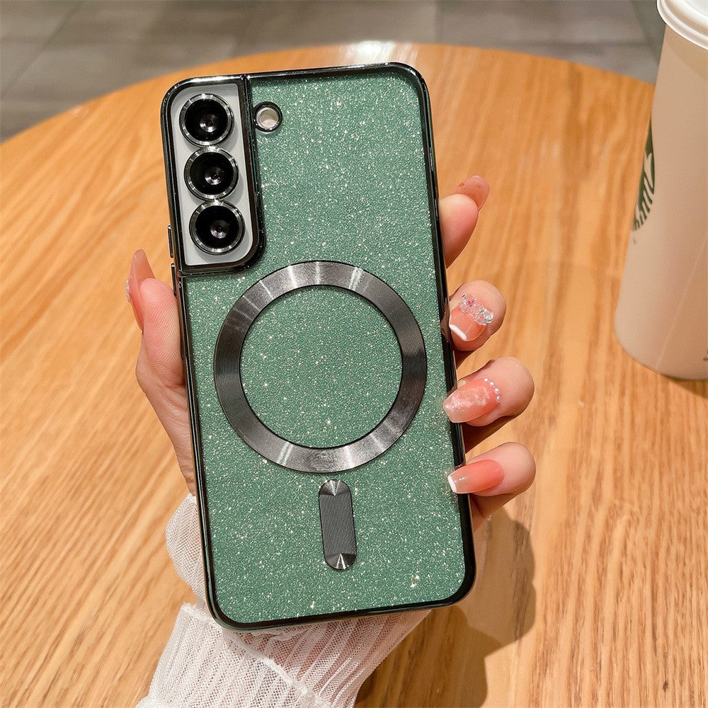 Husa de Protectie 2 in 1, Vivimall, pentru Samsung Galaxy S23FE, Glitter Chrome Magsafe, din TPU, Magnetica, cu Protectie Lentila, Verde - vivimall.ro