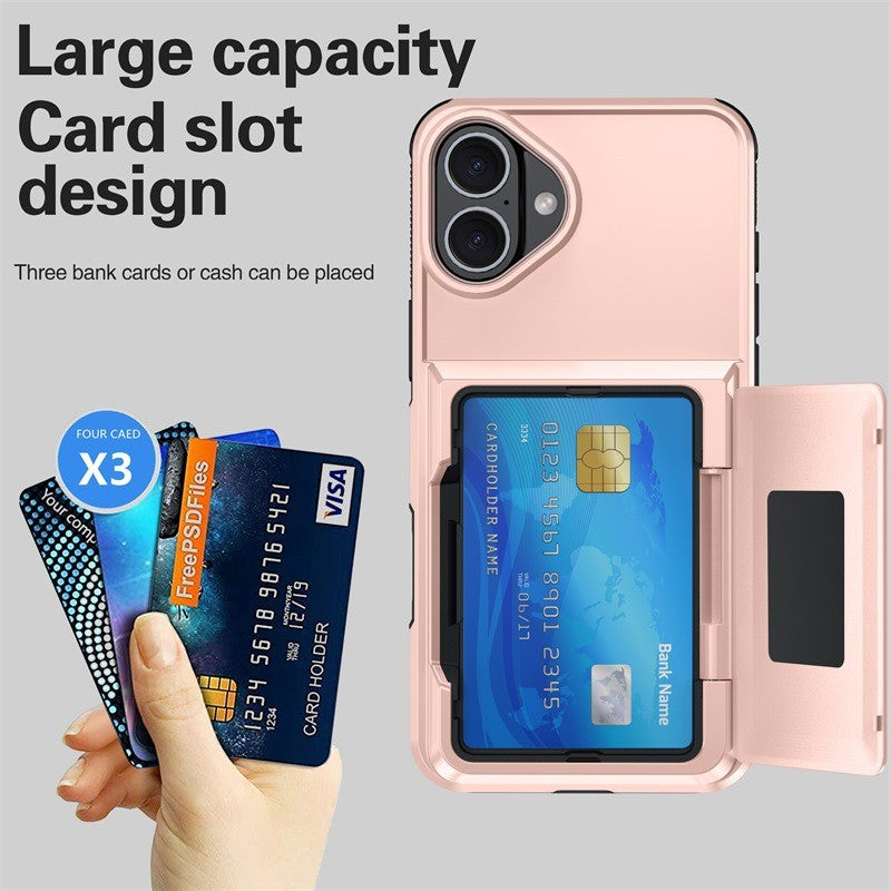 Detaliu compartiment carduri husă iPhone 17 policarbonat Rose Gold, unghi lateral