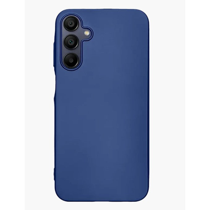 Husă Samsung Galaxy A15 TPU mat albastru, detaliu buză ridicată pentru protecția obiectivelor foto