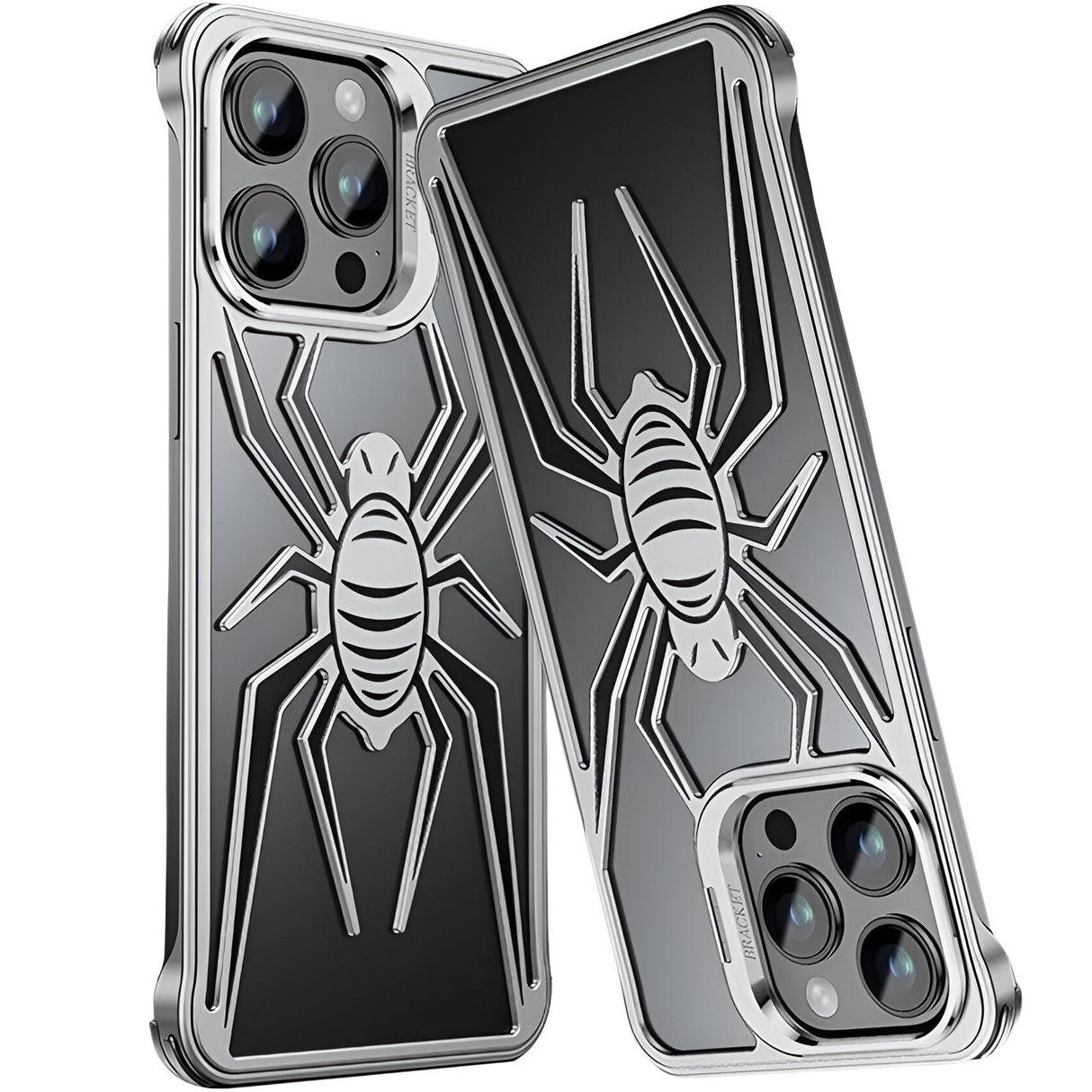 Husă antisoc iPhone 15 Pro Max, spate plastic cu design păianjen și margini din metal, vedere spate