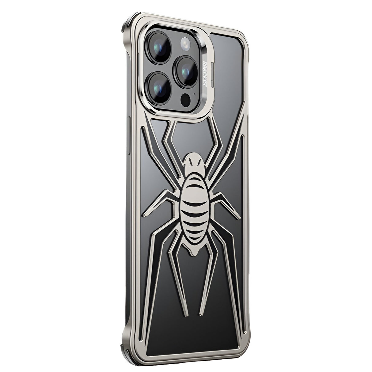 Husă iPhone 15 Pro Max Armor Protective, model păianjen negru-gri, vedere frontală cu protecție metalică pe margini