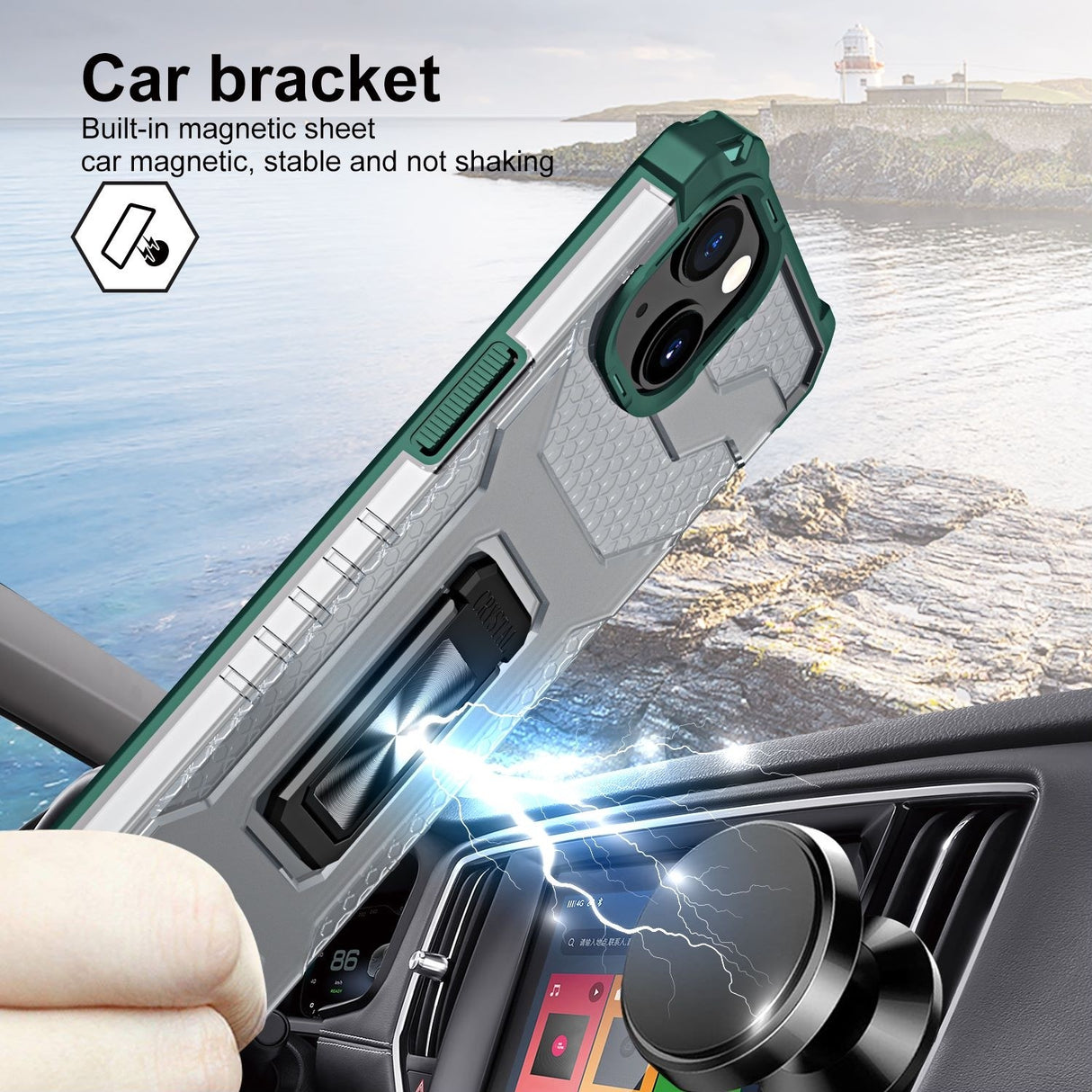 Husa de protectie Flippy compatibila cu Apple iPhone 13 Acrylic Armor cu suport Verde Inchis - vivimall.ro