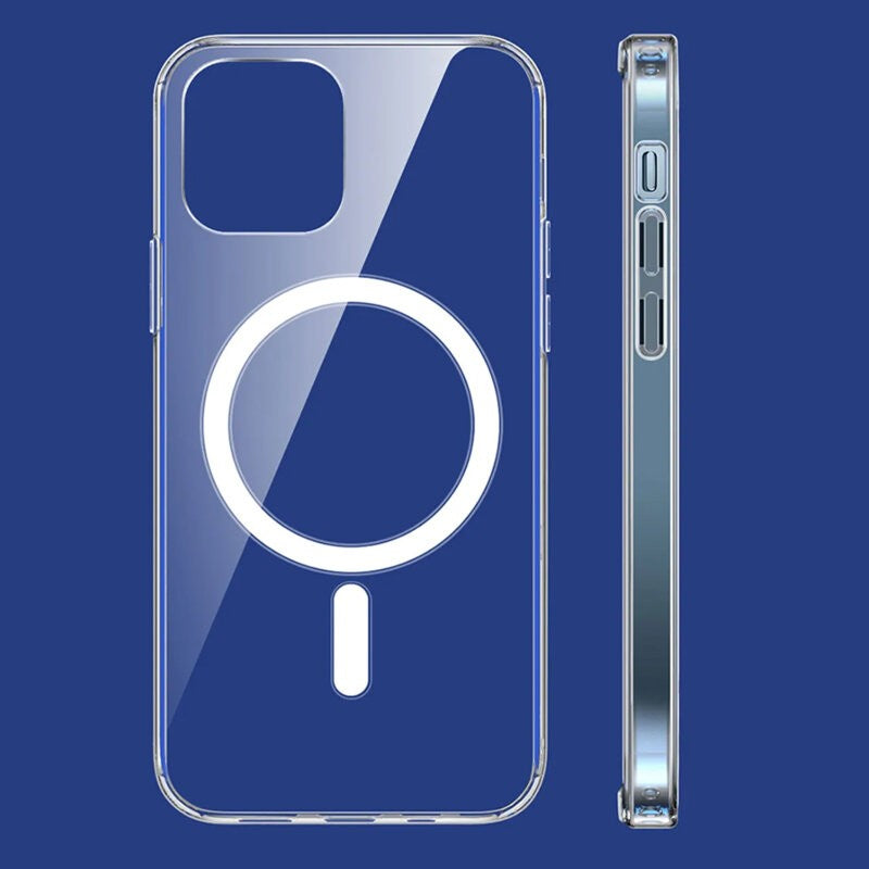 Detaliu magneți integrați husă MagSafe iPhone 15 Pro Max transparentă, aliniere precisă pentru încărcare