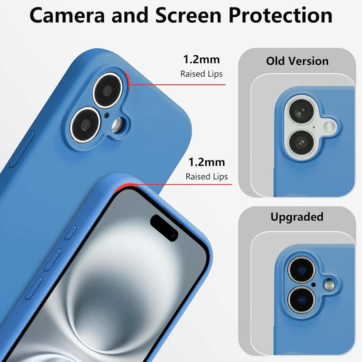 Husă iPhone 16 albastru, detaliu protecție modul foto și margini ridicate