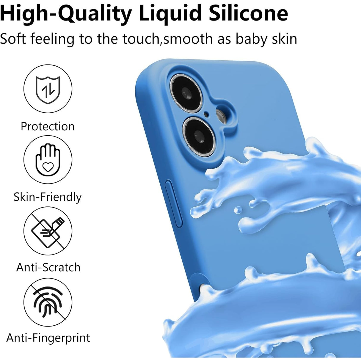 Husă iPhone 16 Plus Liquid Silicone albastru, perspectivă spate, finisaj mat elegant
