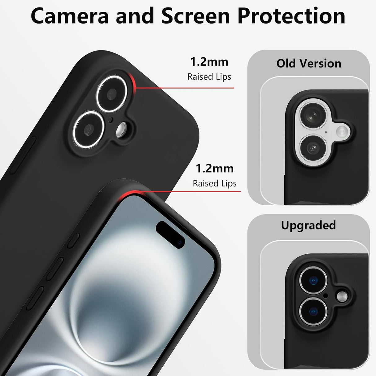 Husă Vivimall iPhone 16 Plus negru, detaliu decupaj cameră foto și butoane