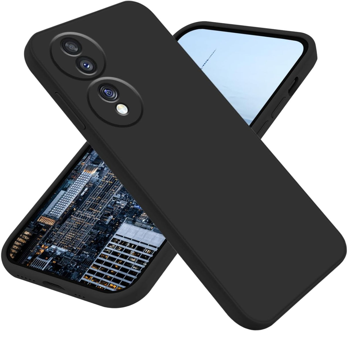 Husă Honor 70 din silicon lichid negru, vedere frontală, protecție antisoc și margini ridicate