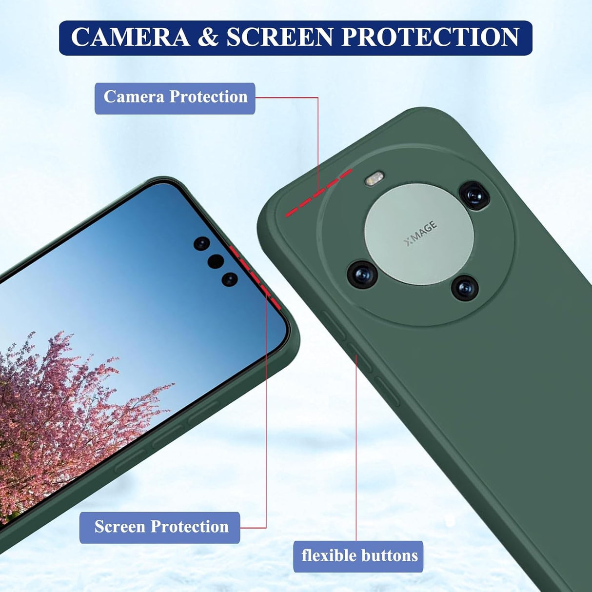 Husă Huawei Mate 60 Pro verde montată pe telefon, vedere laterală profil subțire
