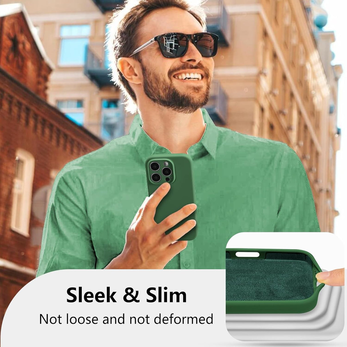 Husă iPhone 16 Pro silicon lichid verde, vedere spate cu decupaj cameră și logo