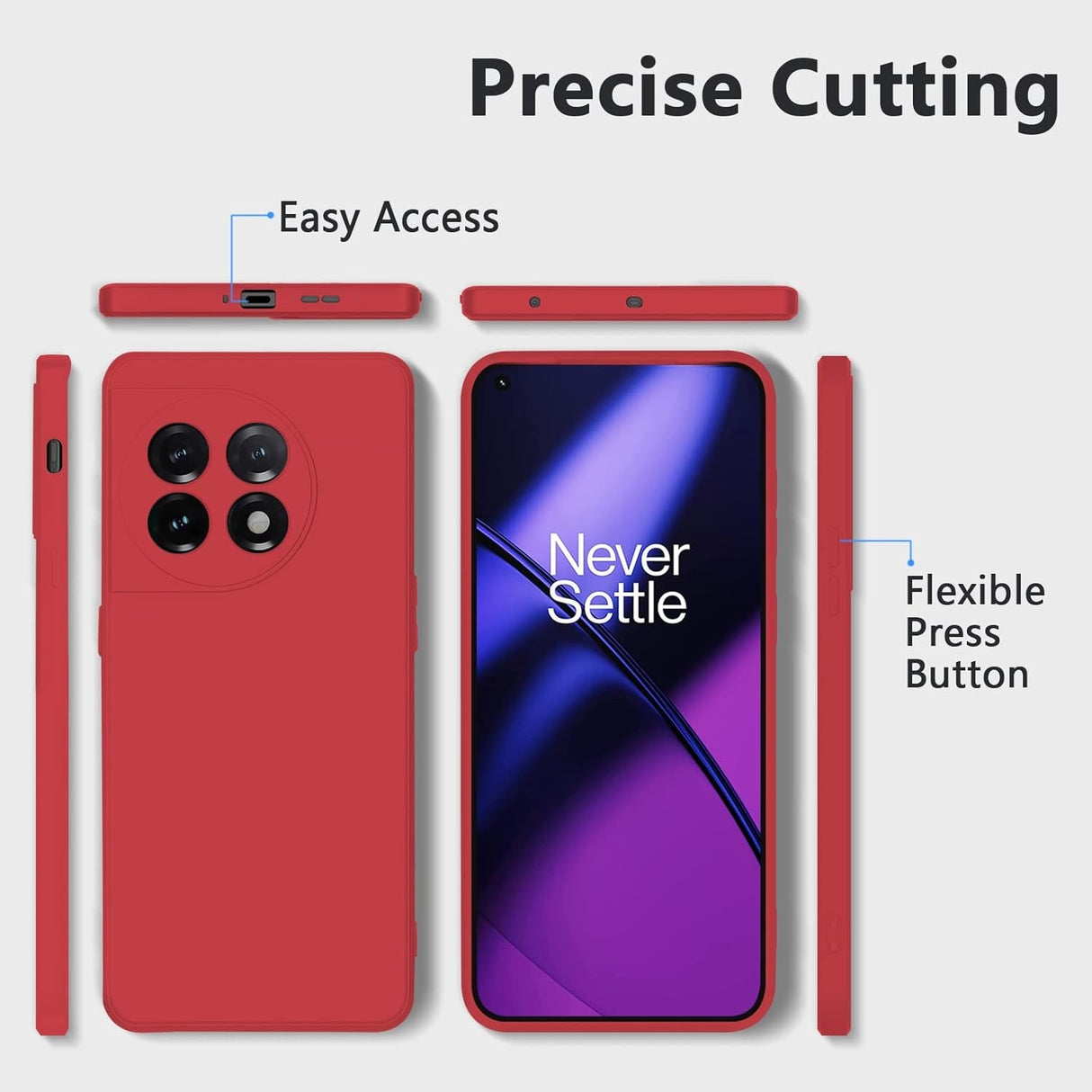 Detaliu decupaje precise husă silicon lichid roșu OnePlus 11 5G, porturi și butoane