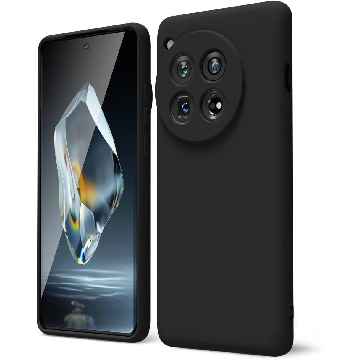 Husă silicon lichid OnePlus 12 5G negru, vedere frontală, microfibră interior, Vivimall