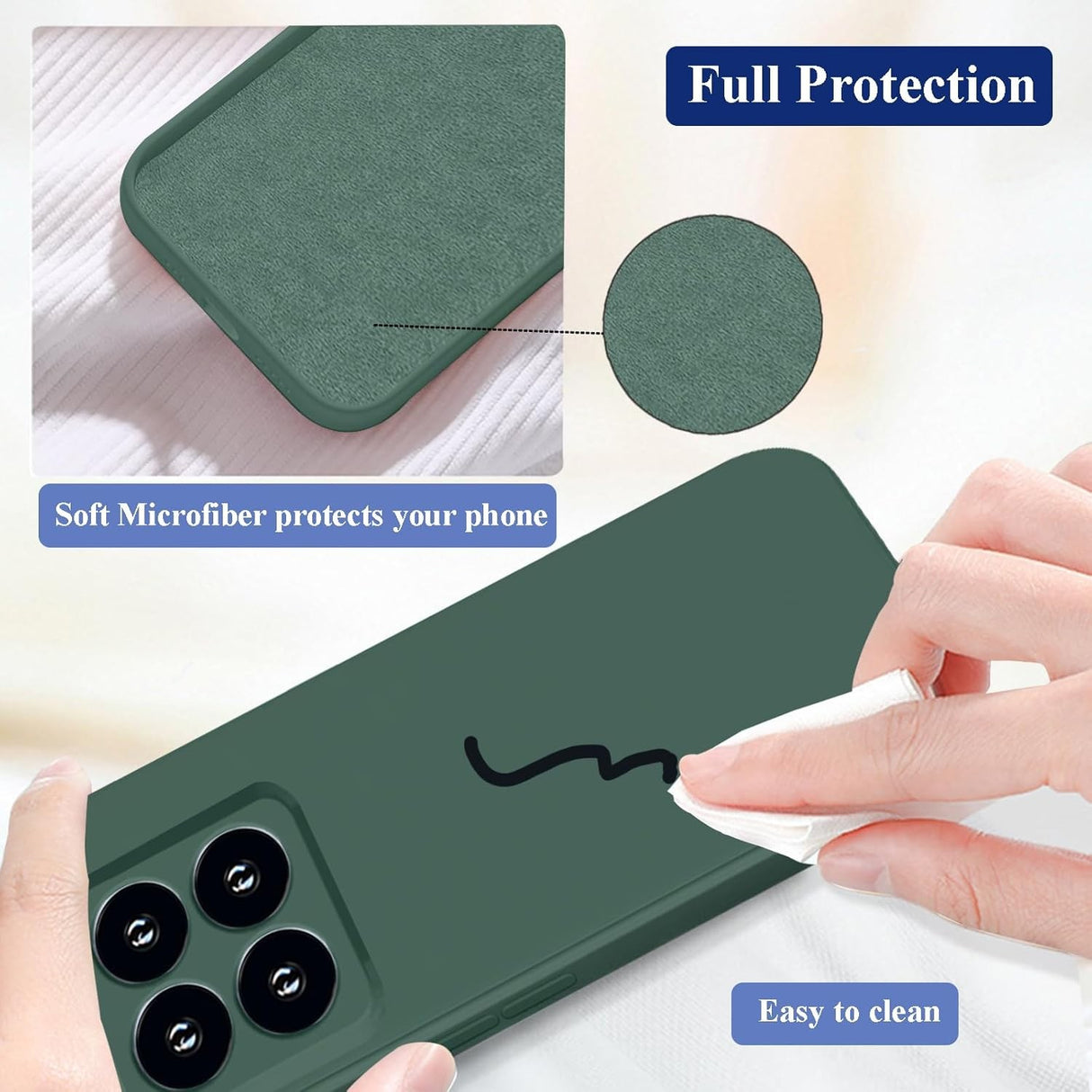 Husă Xiaomi 14 Vivimall verde, detaliu decupaj cameră foto și butoane volum