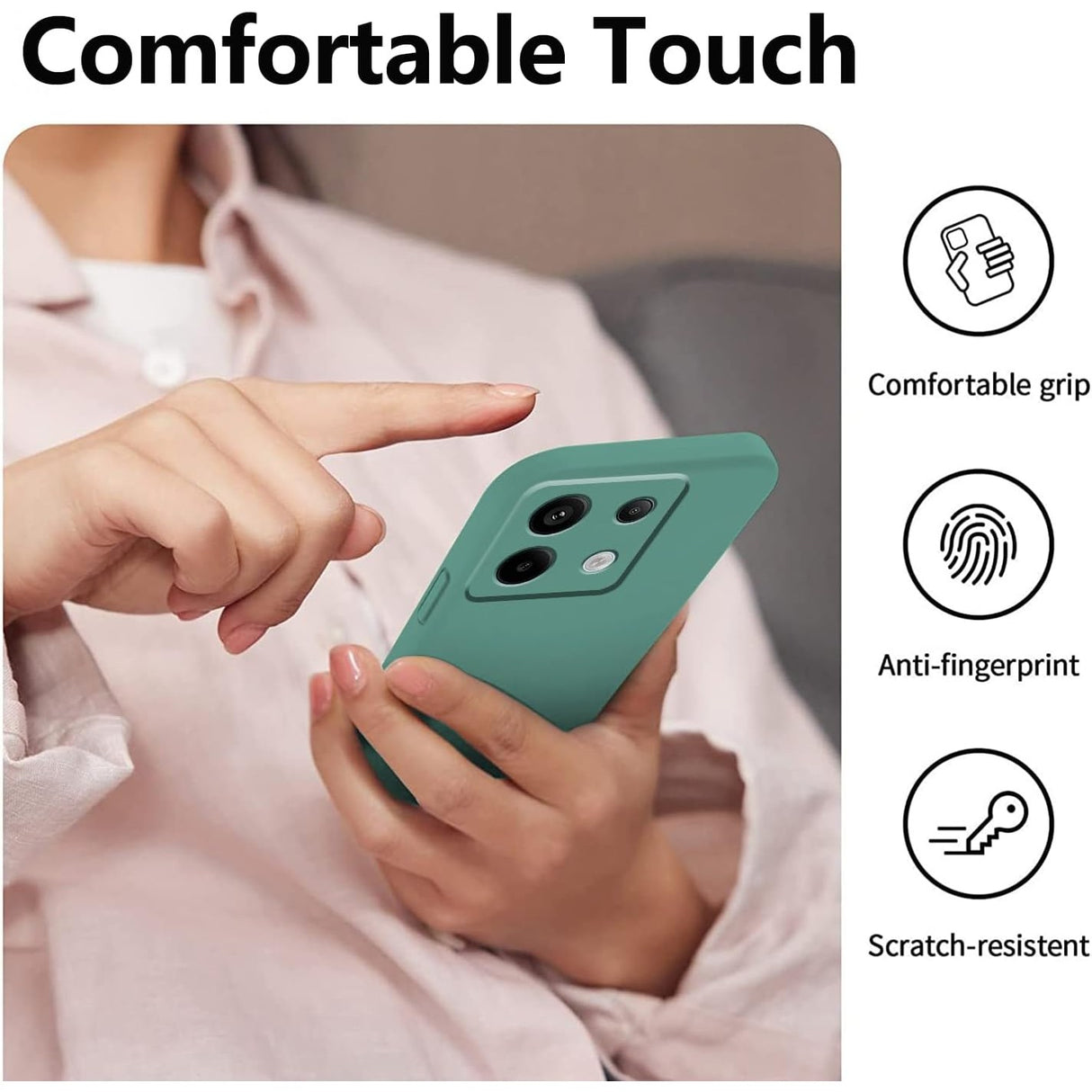 Husă Vivimall Liquid Silicone verde pentru Redmi Note 13 5G, vedere laterală și grosime