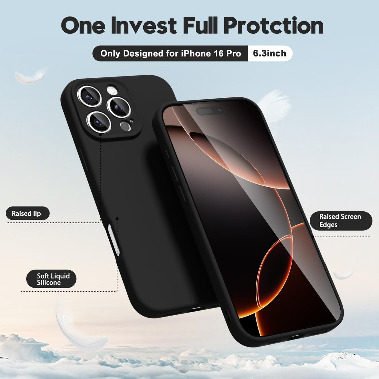 Husă Matte TPU neagră iPhone 16 Pro, detaliu decupaje precise pentru porturi și butoane