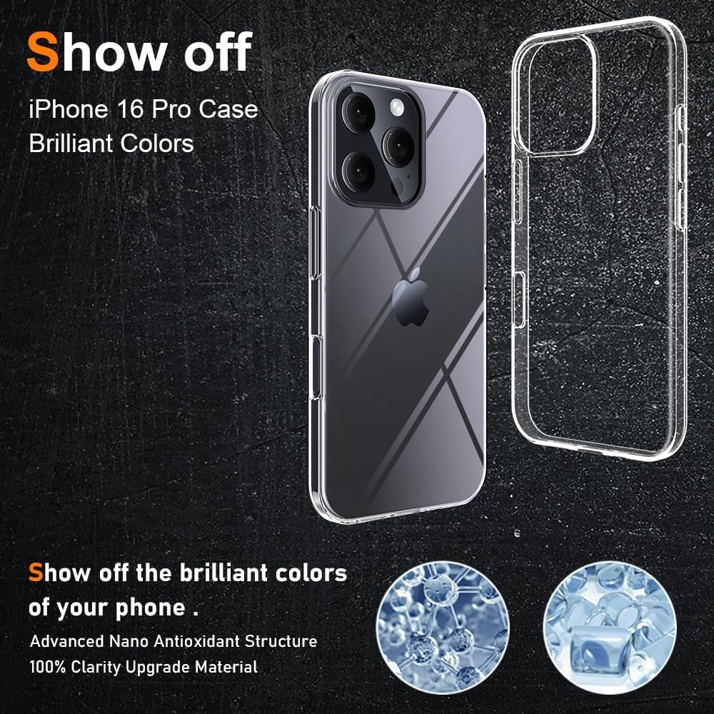 Husă iPhone 16 Pro transparentă, detaliu decupaj cameră și butoane laterale