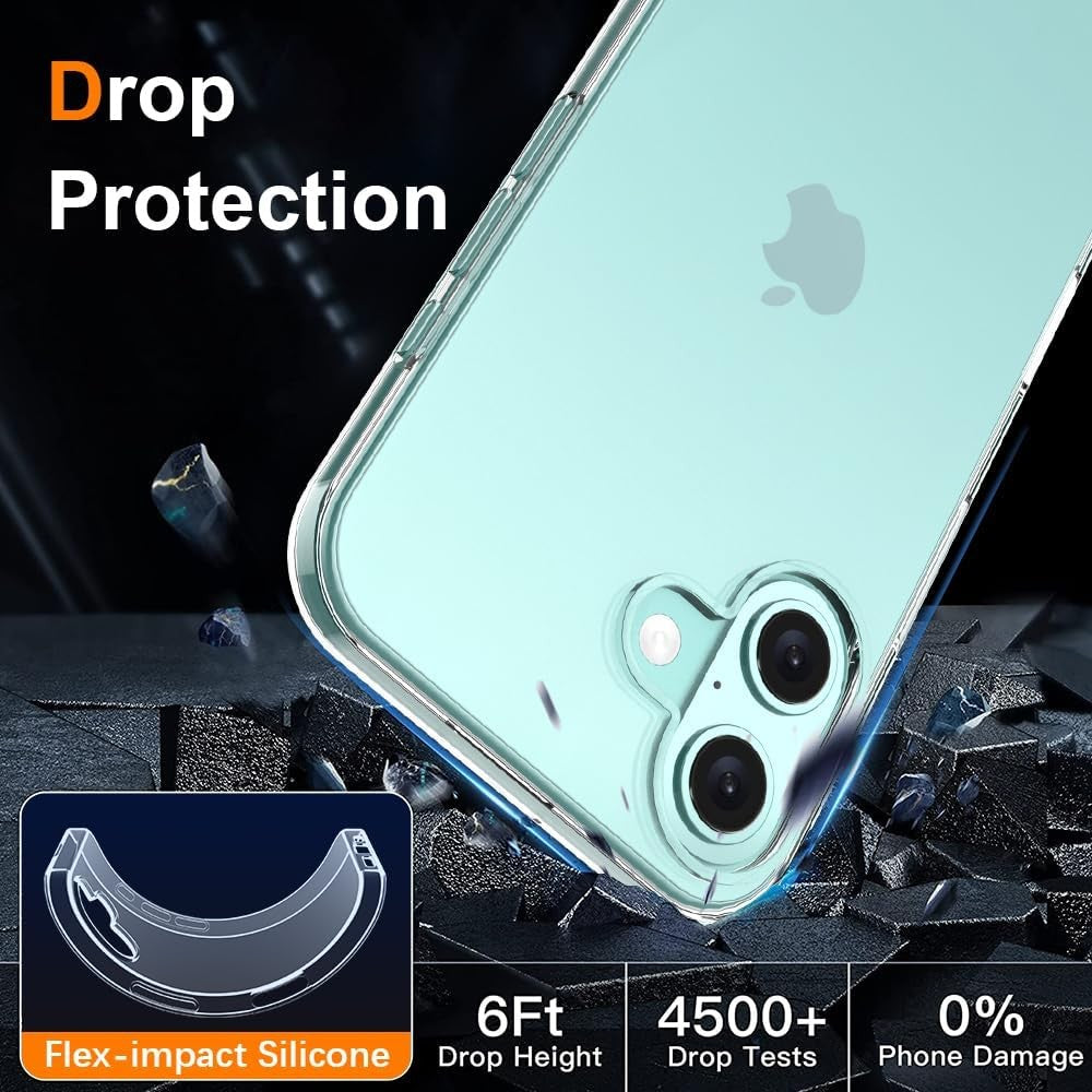 Detaliu decupaj cameră husă transparentă iPhone 16, silicon flexibil și PC policarbonat