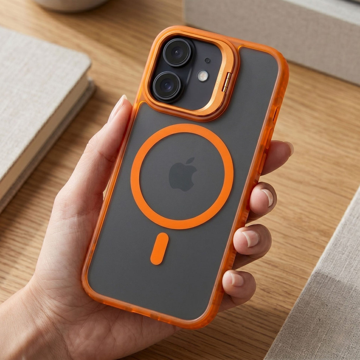 Husa de Protectie Telefon, Flippy, Compatibila cu iPhone 17, MagSafe, Acrylic, Suport Metalic Protectie Camera, Anti-Soc, Portocaliu