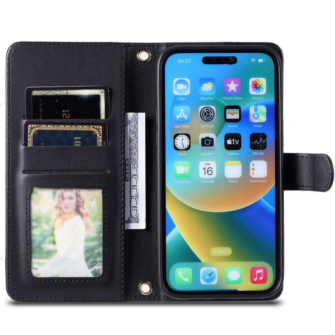 Husă carte iPhone 15 din piele ecologică și TPU, cu capsă magnetică, vedere laterală și detaliu margini