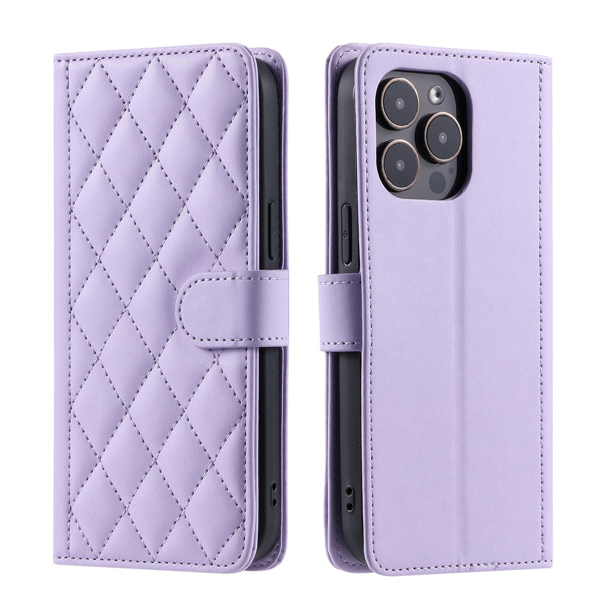 Husă iPhone 15 Plus mov din piele ecologică și TPU, sloturi card și buzunar bani, interior deschis