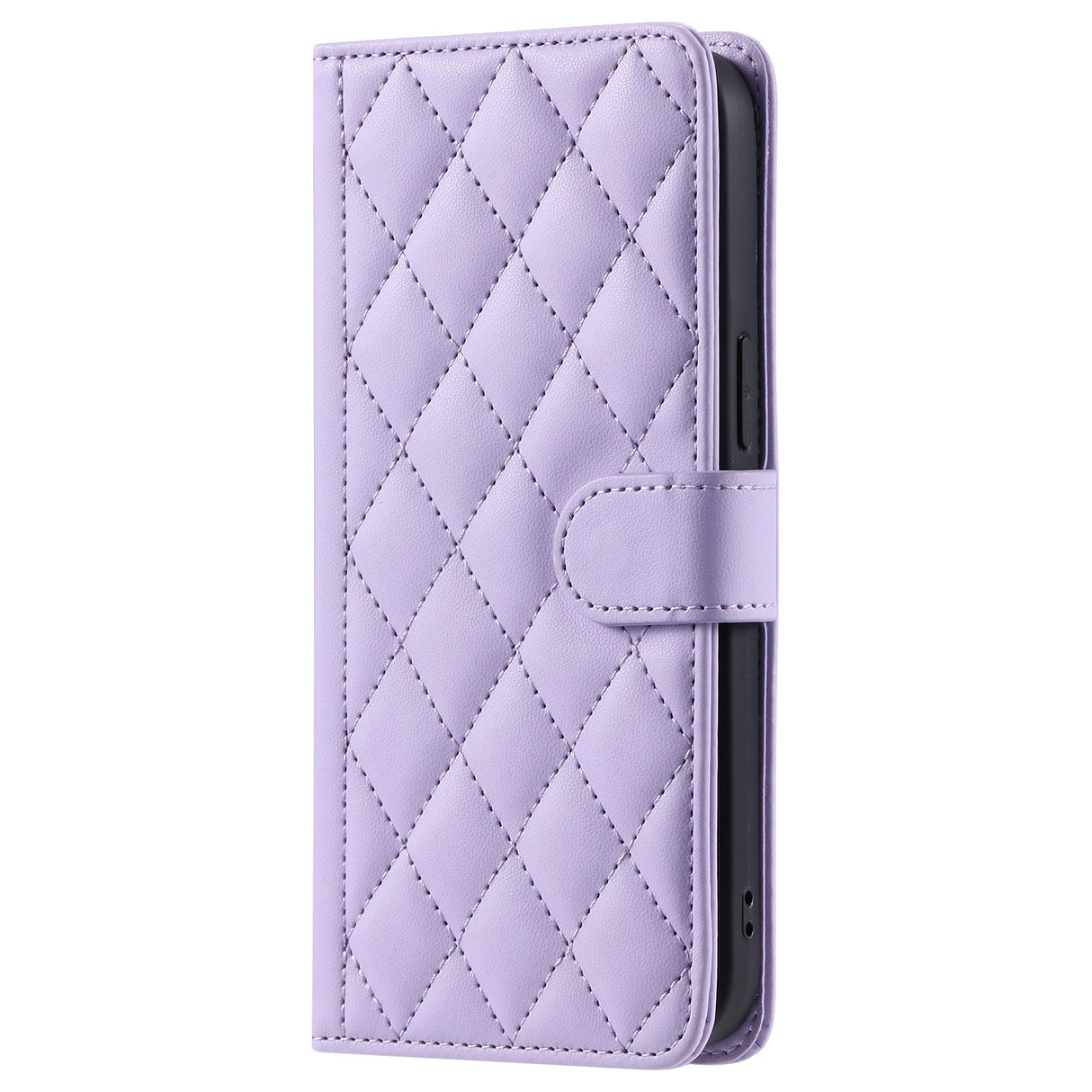 Detaliu capsă magnetică husă tip carte mov Apple iPhone 15 Plus, protecție cameră și colțuri antisoc