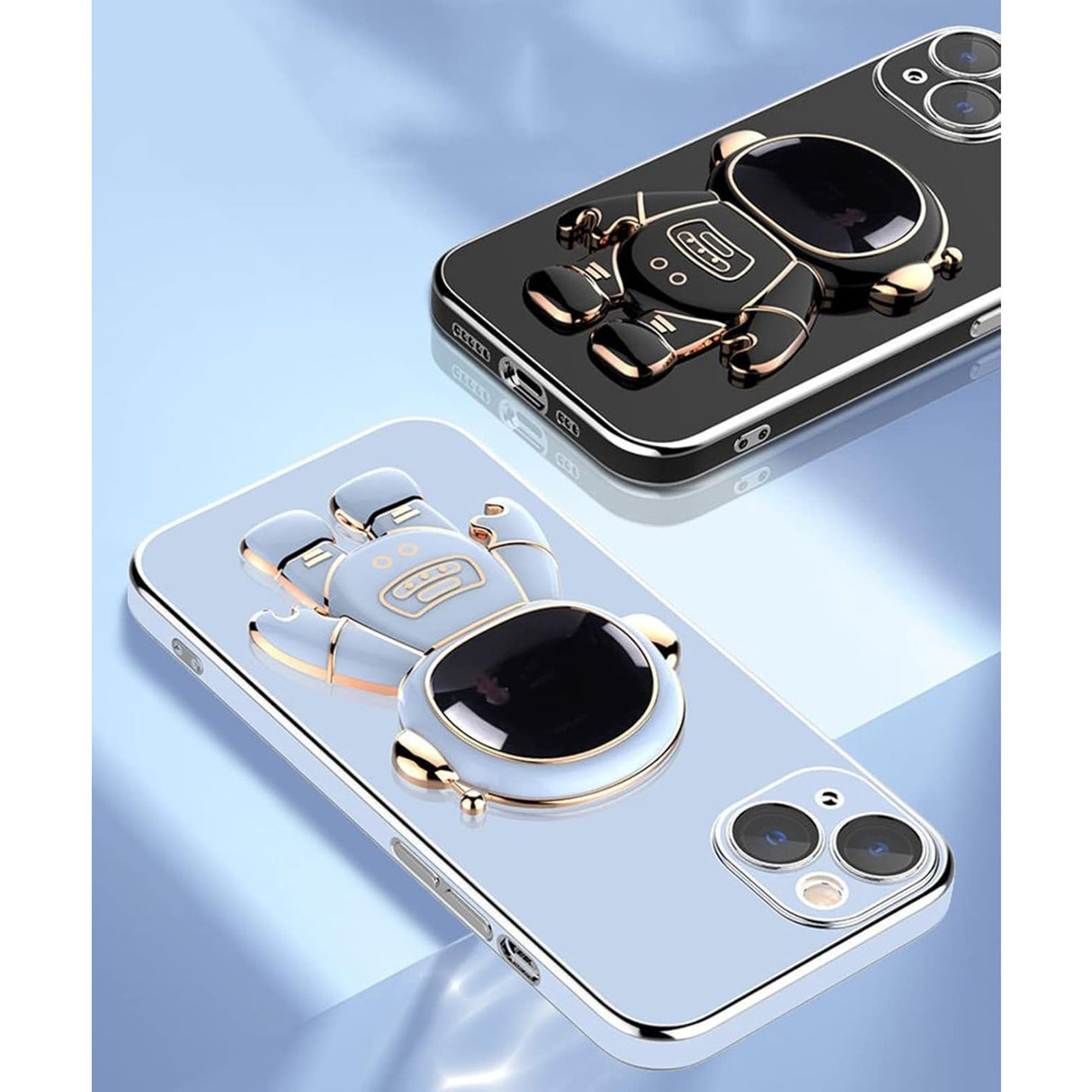 Detaliu suport integrat husă 2in1 albastră pentru iPhone 15, mecanism de susținere