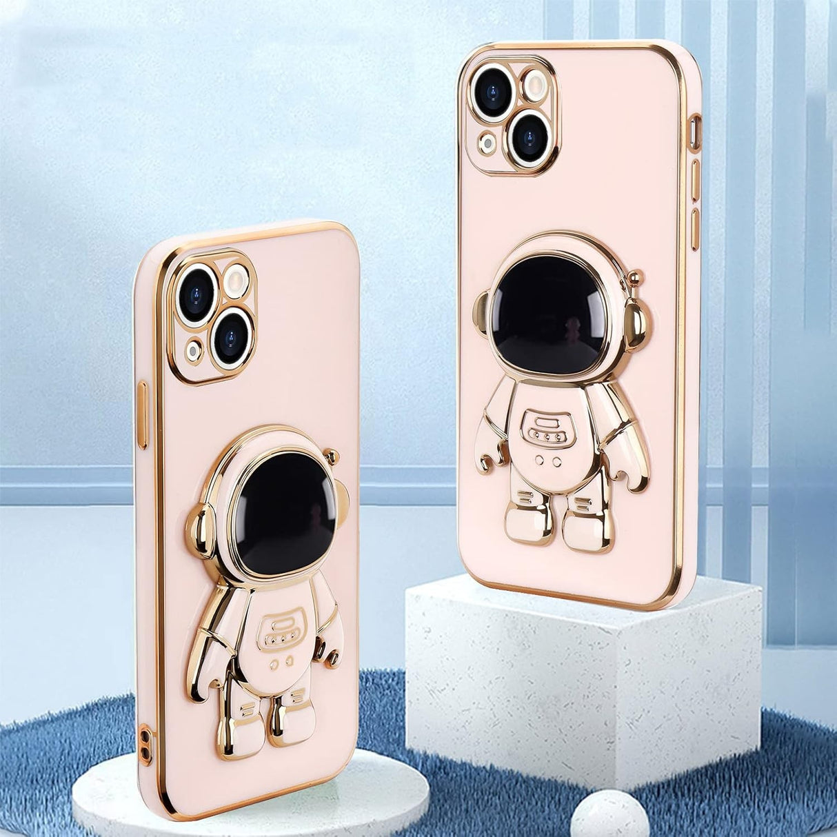 Husa de Protectie TPU 2in1, Vivimall, pentru Apple iPhone 15, Astronaut cu Suport, Antisoc, Rezistenta la Impact, Protectie Camera, Roz - vivimall.ro