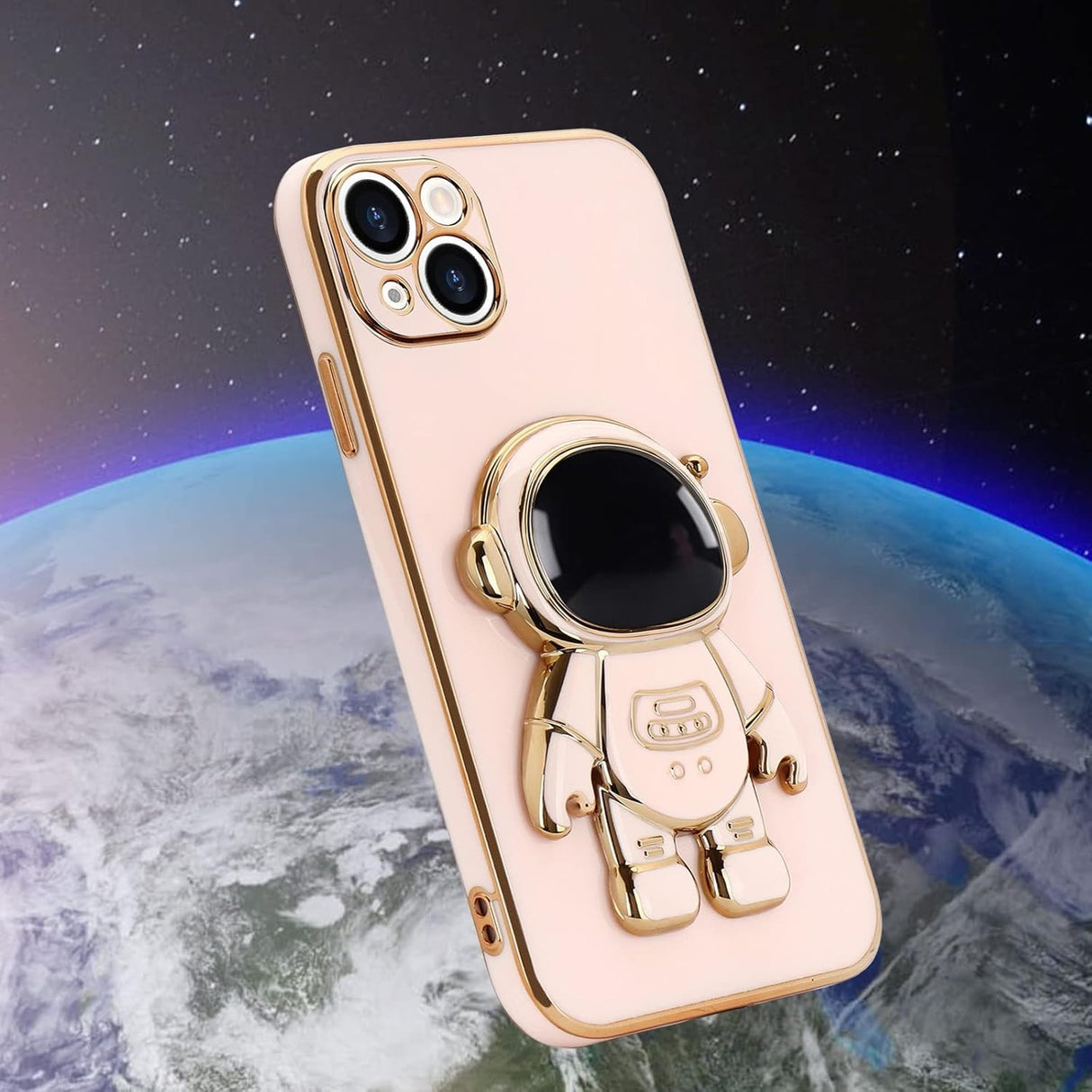Husa de Protectie TPU 2in1, Vivimall, pentru Apple iPhone 15, Astronaut cu Suport, Antisoc, Rezistenta la Impact, Protectie Camera, Roz - vivimall.ro