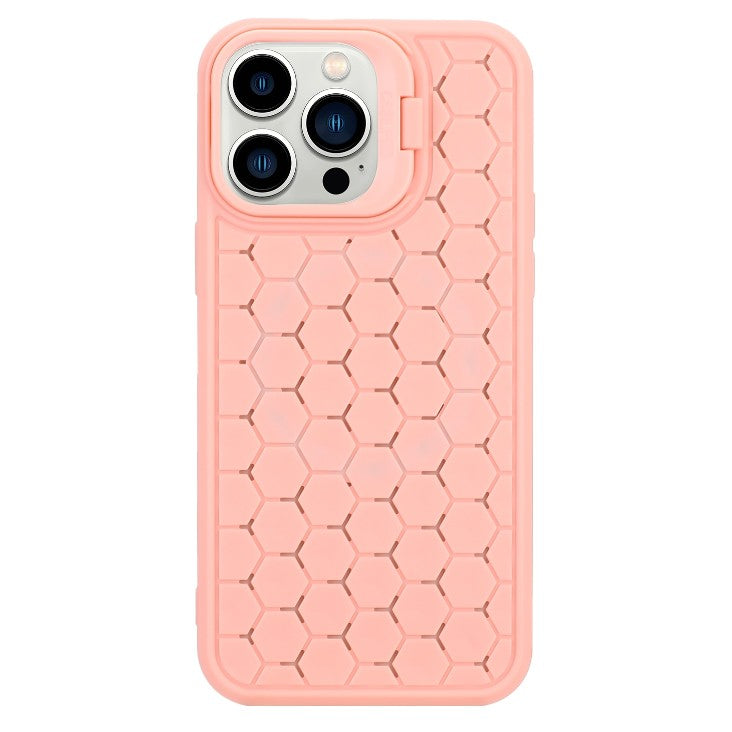 Husă iPhone 14 Pro Max roz TPU 3D Cube montată pe telefon, vedere laterală stânga