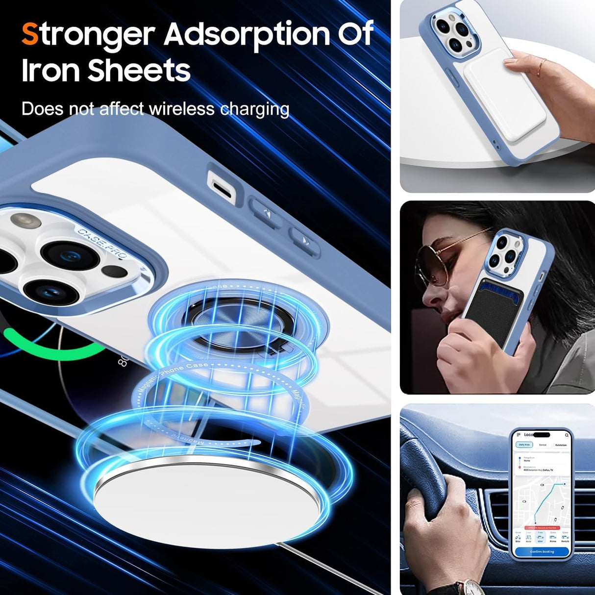 Husă transparentă albastru deschis iPhone 16 Pro cu inel magnetic în poziție de suport, lifestyle