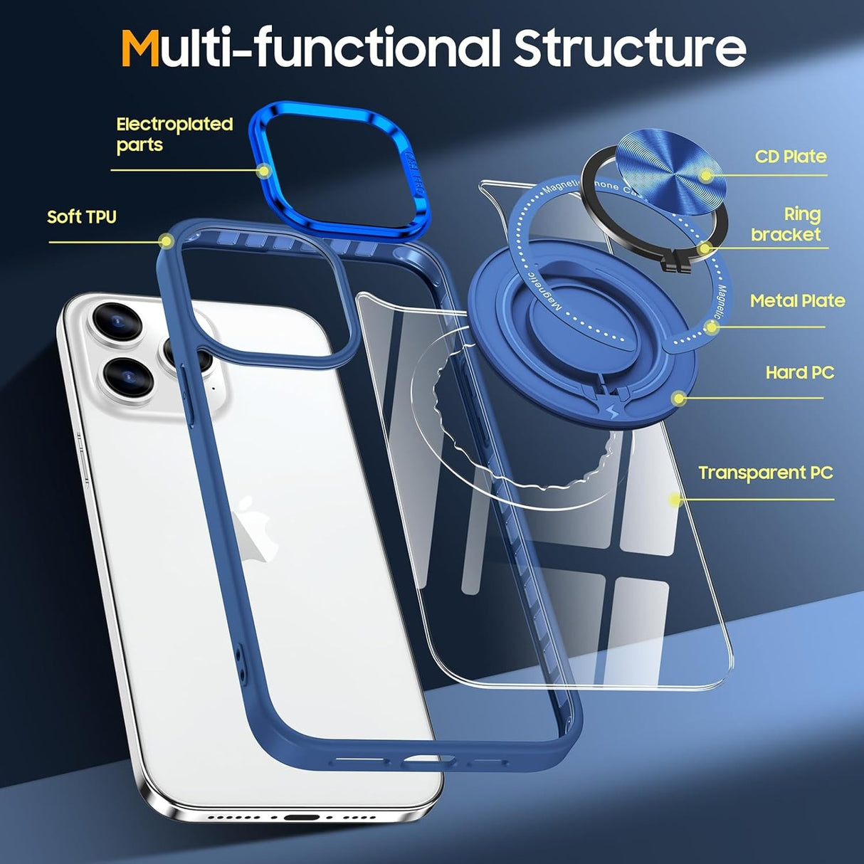 Husă transparentă iPhone 16 Pro aplicată pe telefon, inel rotativ desfășurat ca suport, unghi lateral
