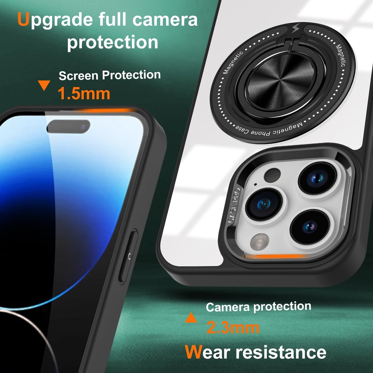 Husă iPhone 16 Pro Max transparentă aplicată pe telefon, design minimalist, inel negru rotativ vizibil