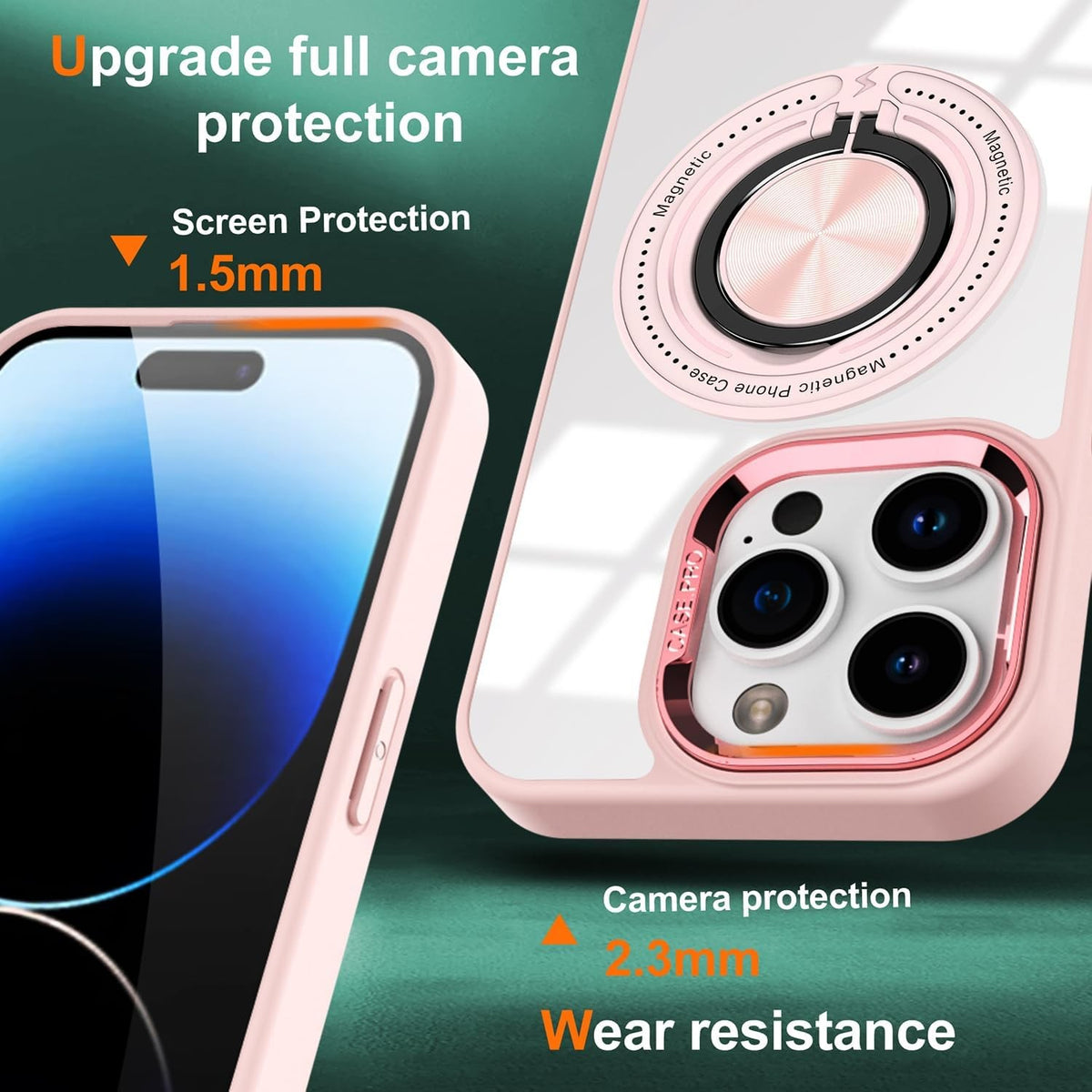 Husa de Protectie TPU, Vivimall, pentru iPhone 16 Pro Max, Anticadere, cu Incarcare Wireless, Tehnologie Magsafe, Inel Magnetic Rotativ cu Functie de Suport, Transparent-Roz - vivimall.ro
