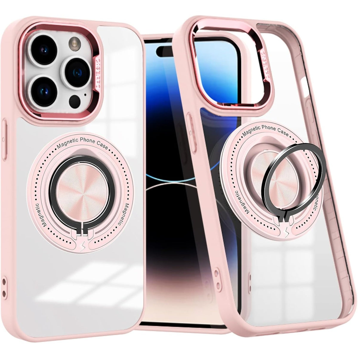 Husa de Protectie TPU, Vivimall, pentru iPhone 16 Pro Max, Anticadere, cu Incarcare Wireless, Tehnologie Magsafe, Inel Magnetic Rotativ cu Functie de Suport, Transparent-Roz - vivimall.ro