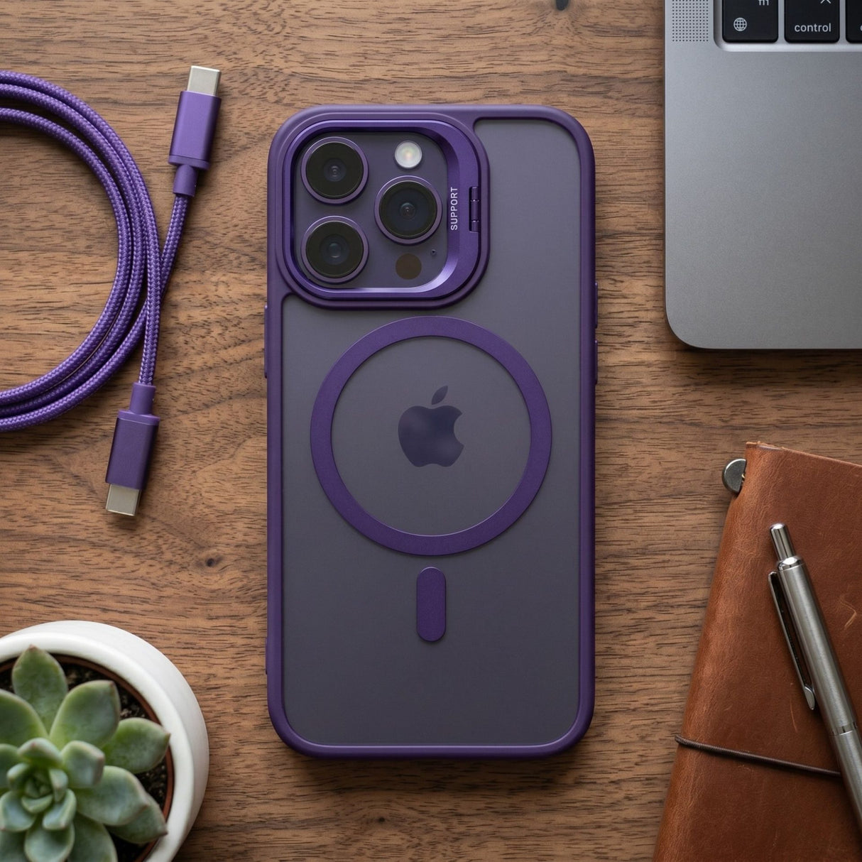 Husa de Protectie Telefon, Flippy, Compatibila cu iPhone 17 Pro, MagSafe, Acrylic, Suport Metalic Protectie Camera, Anti-Soc, Mov Inchis