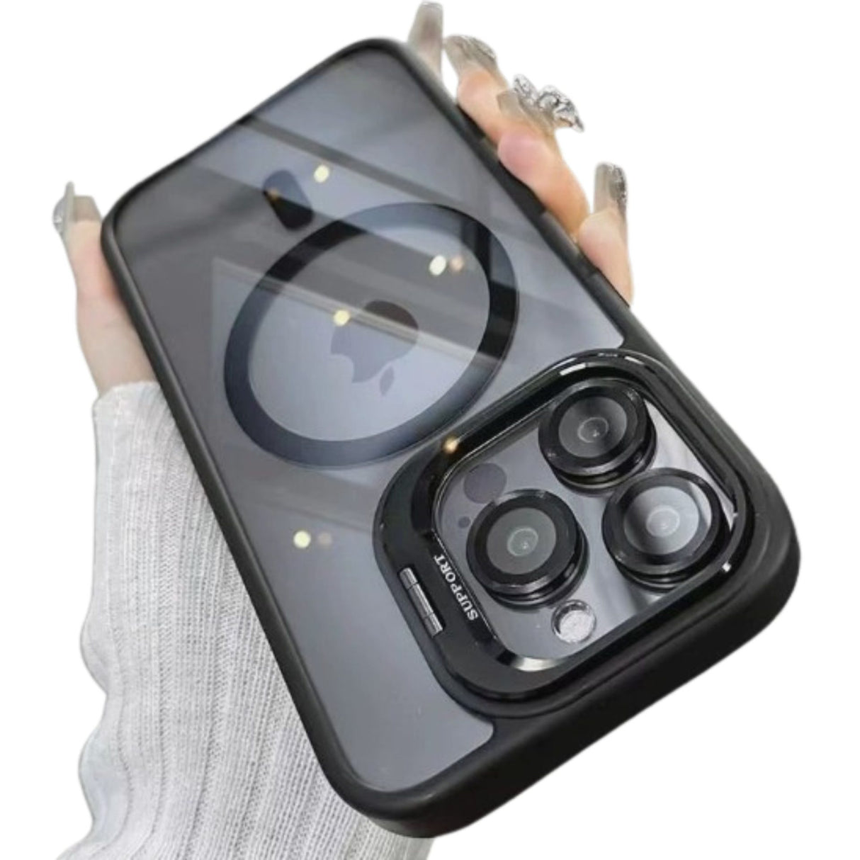 Husa de Protectie Telefon, Flippy, Compatibila cu iPhone 17 Pro , MagSafe, Acrylic, Suport Metalic Protectie Camera, Anti-Soc, Transparent/Negru