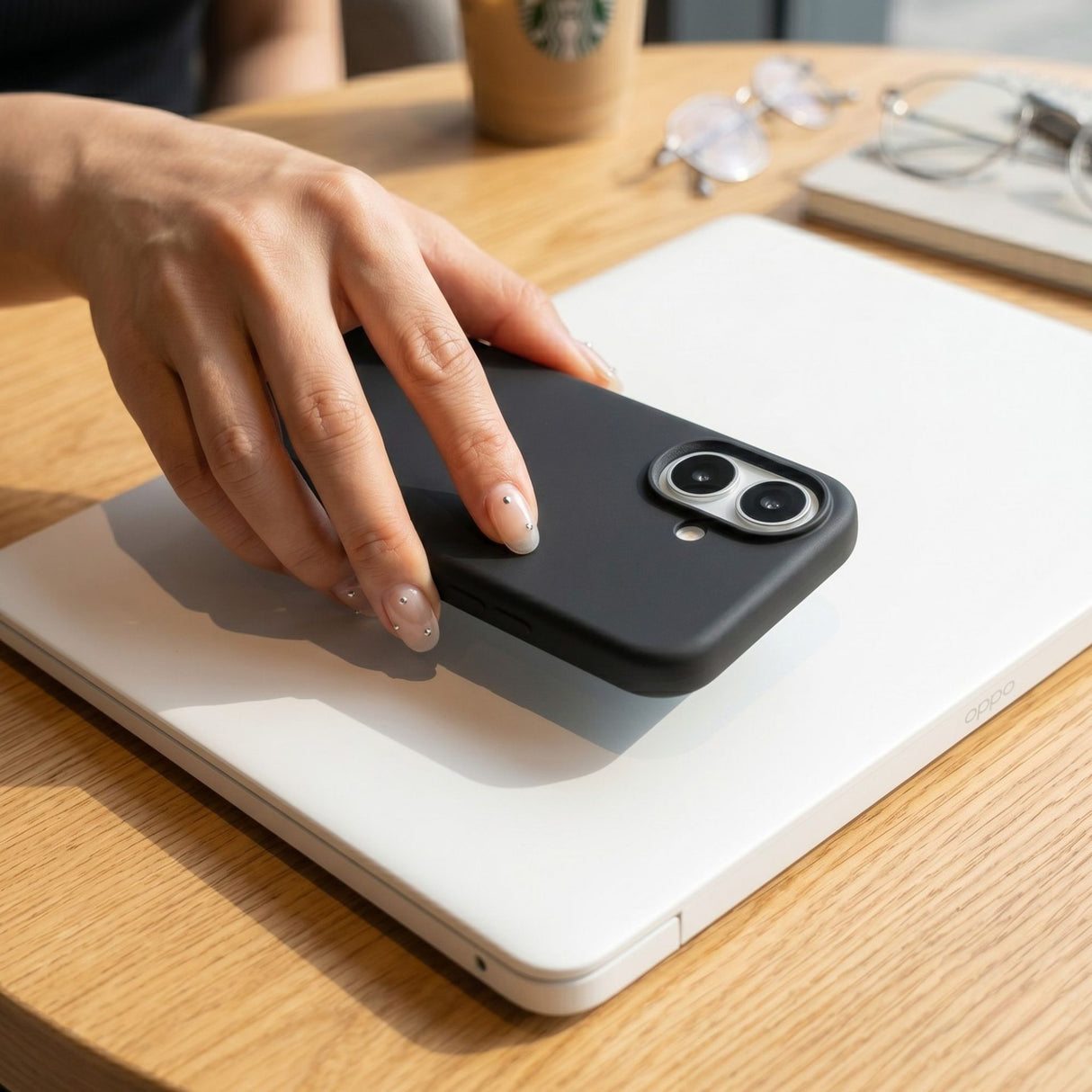 Husă Flippy iPhone 16 negru montată pe telefon, decupaj buton Camera Control vizibil